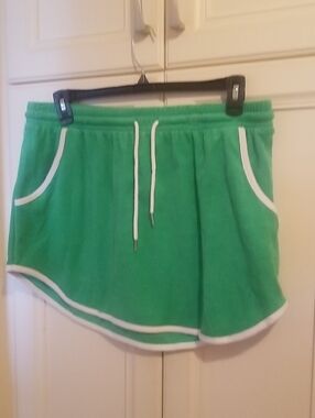 Green Terry Cloth Drawstring Skirt with White Trim/Beach Cover Up